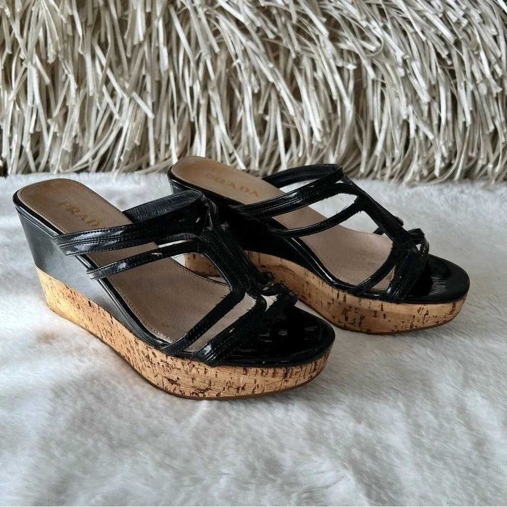 PRADA 35.5 Black Patent Leather Cage Espadrilles 5.5 6